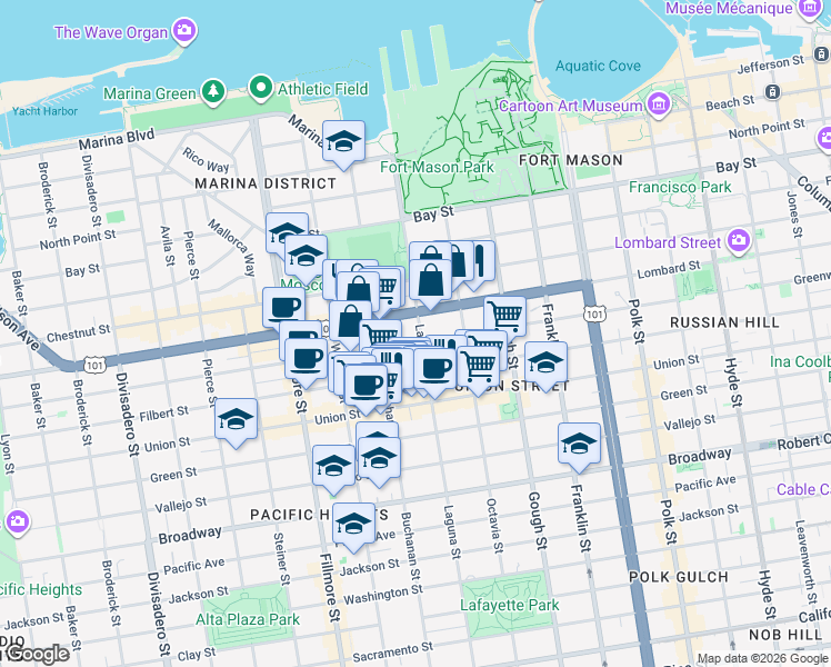 map of restaurants, bars, coffee shops, grocery stores, and more near 3137 Laguna Street in San Francisco
