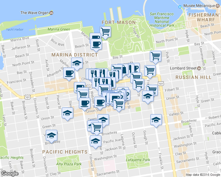 map of restaurants, bars, coffee shops, grocery stores, and more near 3137 Laguna Street in San Francisco