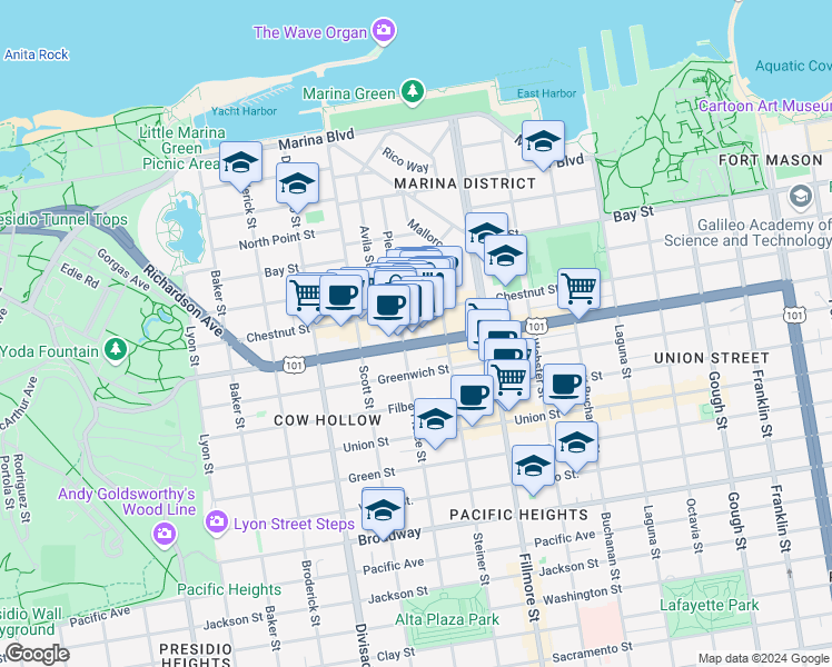 map of restaurants, bars, coffee shops, grocery stores, and more near 3237 Pierce Street in San Francisco