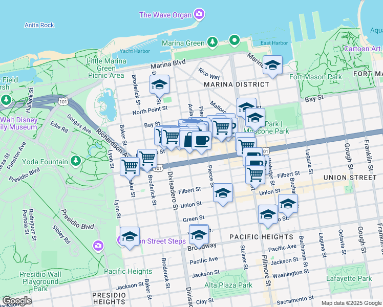 map of restaurants, bars, coffee shops, grocery stores, and more near in San Francisco