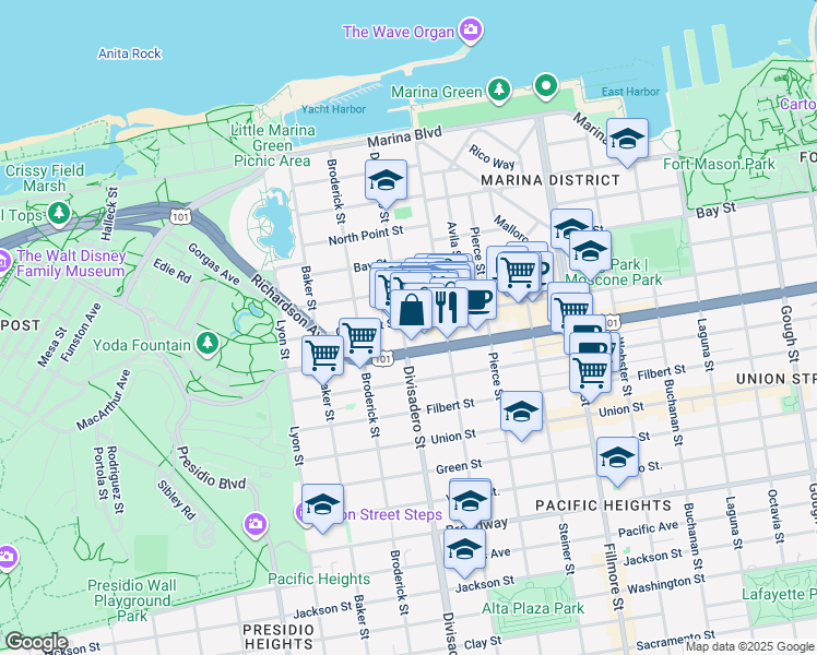 map of restaurants, bars, coffee shops, grocery stores, and more near 2355 Chestnut Street in San Francisco