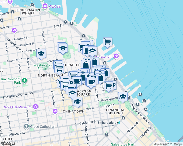 map of restaurants, bars, coffee shops, grocery stores, and more near 901 Battery Street in San Francisco
