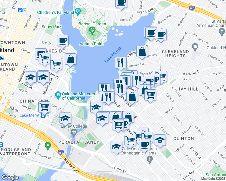 map of restaurants, bars, coffee shops, grocery stores, and more near 5 East 16th Street in Oakland