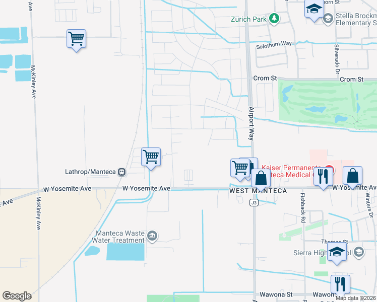 map of restaurants, bars, coffee shops, grocery stores, and more near 218 Swanson Road in Manteca
