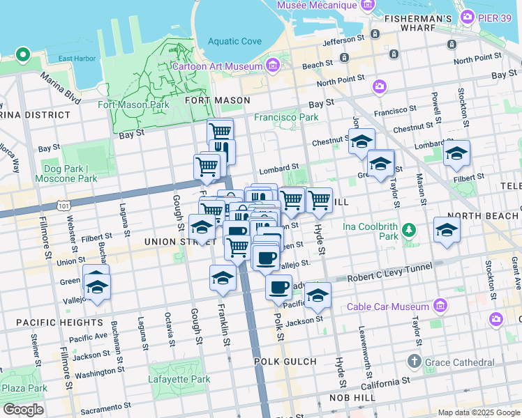 map of restaurants, bars, coffee shops, grocery stores, and more near 2512 Polk Street in San Francisco