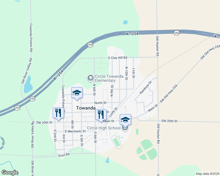 map of restaurants, bars, coffee shops, grocery stores, and more near 407 North 8th Street in Towanda