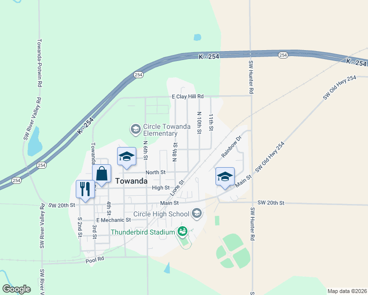 map of restaurants, bars, coffee shops, grocery stores, and more near 420 North 9th Street in Towanda