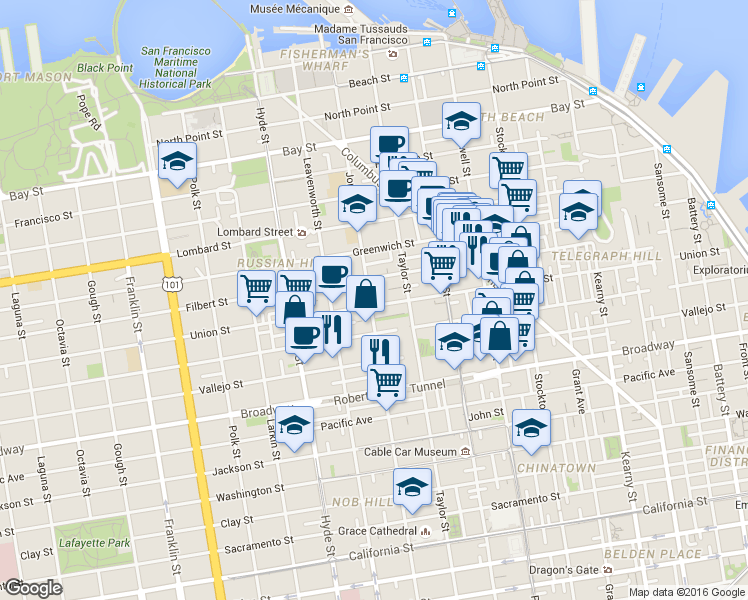map of restaurants, bars, coffee shops, grocery stores, and more near 950 Union Street in San Francisco