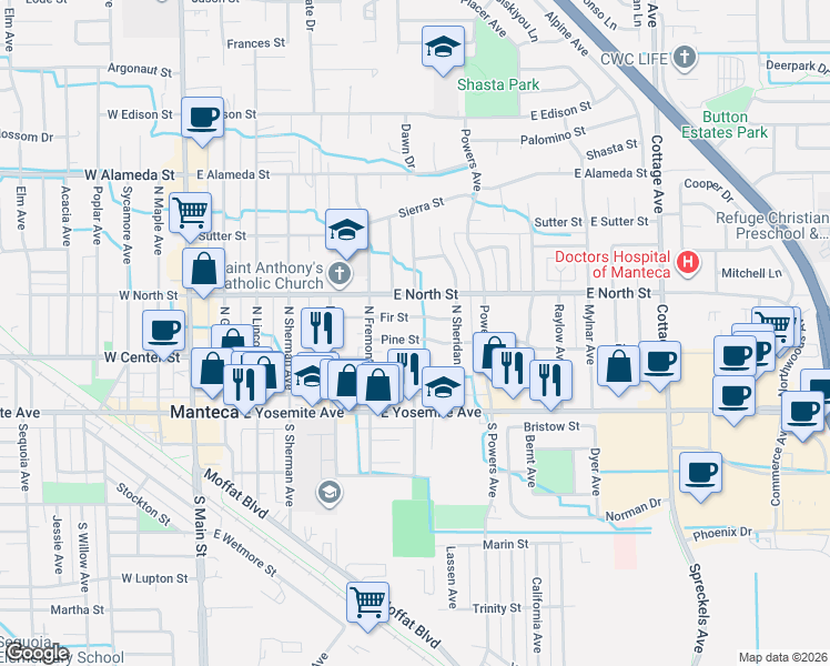 map of restaurants, bars, coffee shops, grocery stores, and more near 660 Fir Street in Manteca