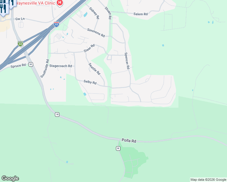 map of restaurants, bars, coffee shops, grocery stores, and more near 19980 Selby Road in Waynesville