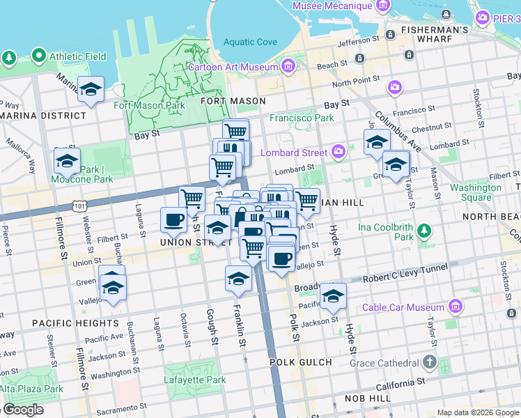 map of restaurants, bars, coffee shops, grocery stores, and more near 1472 Filbert Street in San Francisco