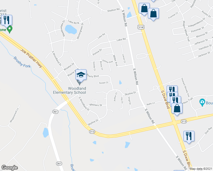 map of restaurants, bars, coffee shops, grocery stores, and more near 145 Susan Court in Radcliff