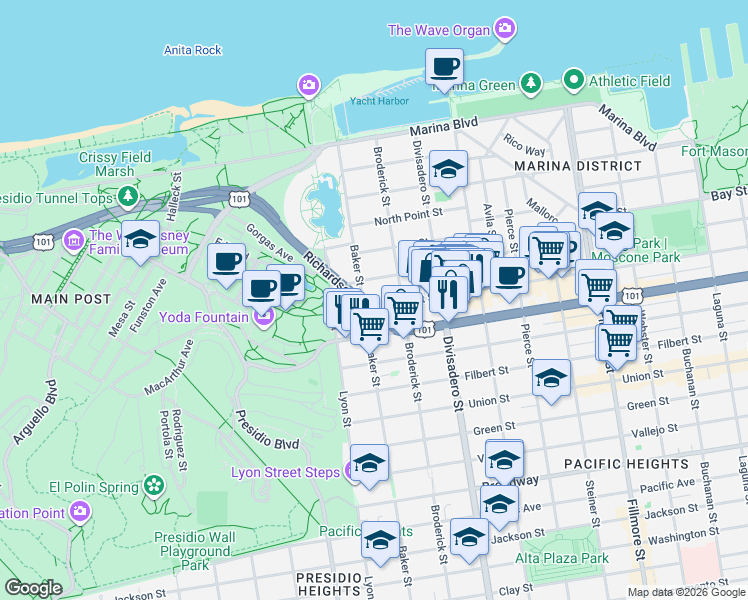 map of restaurants, bars, coffee shops, grocery stores, and more near 2534 Chestnut Street in San Francisco