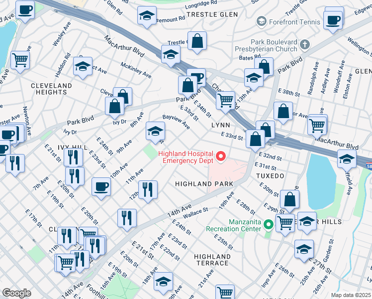 map of restaurants, bars, coffee shops, grocery stores, and more near 1153 Bella Vista Avenue in Oakland