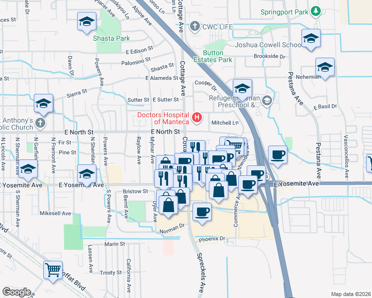 map of restaurants, bars, coffee shops, grocery stores, and more near 222 Cottage Avenue in Manteca