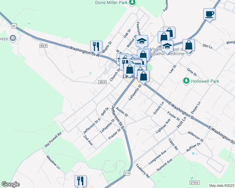 map of restaurants, bars, coffee shops, grocery stores, and more near 284 U.S. 219 in Lewisburg