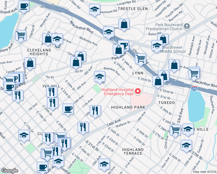 map of restaurants, bars, coffee shops, grocery stores, and more near 1112 East 28th Street in Oakland