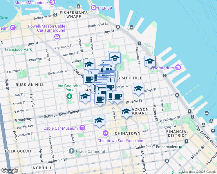 map of restaurants, bars, coffee shops, grocery stores, and more near 510 Green Street in San Francisco