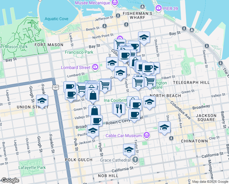 map of restaurants, bars, coffee shops, grocery stores, and more near 1000 Union Street in San Francisco