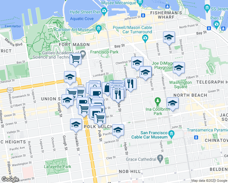 map of restaurants, bars, coffee shops, grocery stores, and more near 1209 Filbert Street in San Francisco