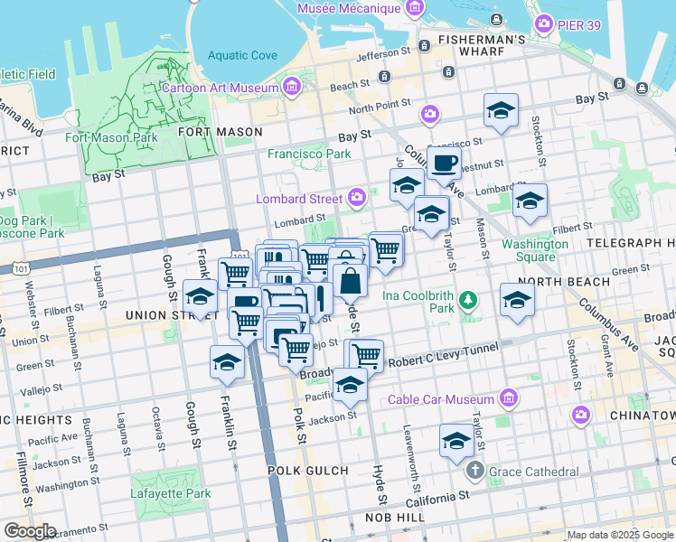 map of restaurants, bars, coffee shops, grocery stores, and more near 1209 Filbert Street in San Francisco