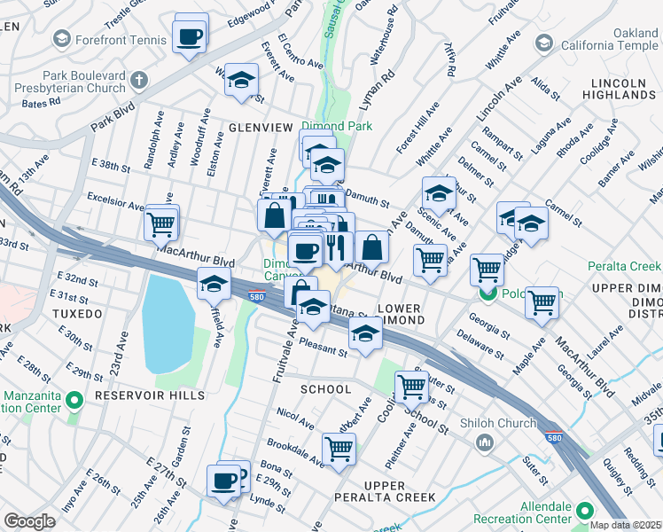 map of restaurants, bars, coffee shops, grocery stores, and more near 3483 Champion St in Oakland