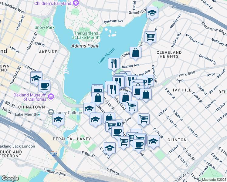 map of restaurants, bars, coffee shops, grocery stores, and more near 1750 Lakeshore Avenue in Oakland