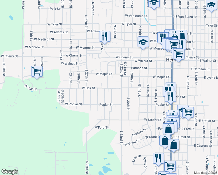 map of restaurants, bars, coffee shops, grocery stores, and more near 815 West Oak Street in Herrin