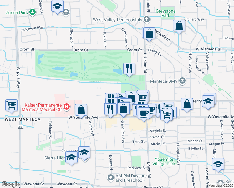 map of restaurants, bars, coffee shops, grocery stores, and more near 1425 West Center Street in Manteca