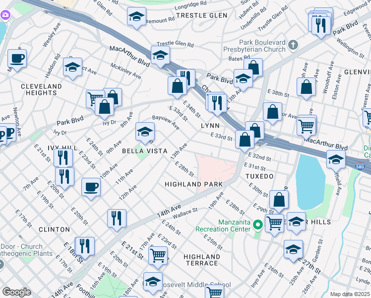 map of restaurants, bars, coffee shops, grocery stores, and more near 1332 East 31st Street in Oakland