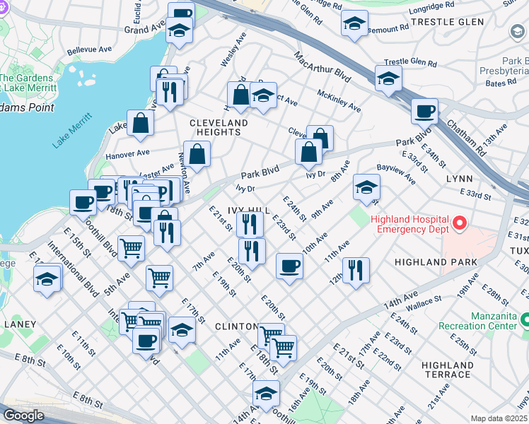 map of restaurants, bars, coffee shops, grocery stores, and more near 2240 7th Avenue in Oakland