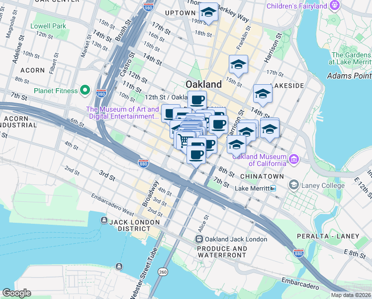 map of restaurants, bars, coffee shops, grocery stores, and more near 375 8th Street in Oakland