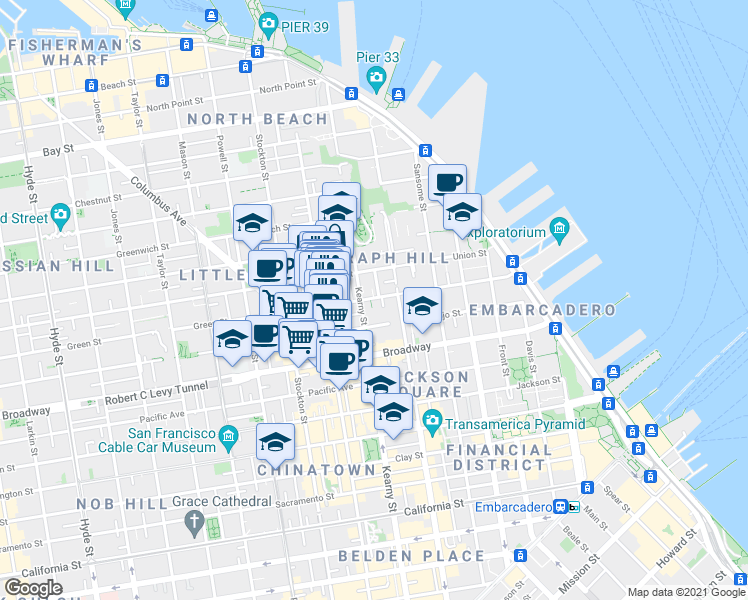 map of restaurants, bars, coffee shops, grocery stores, and more near 1309 Kearny Street in San Francisco