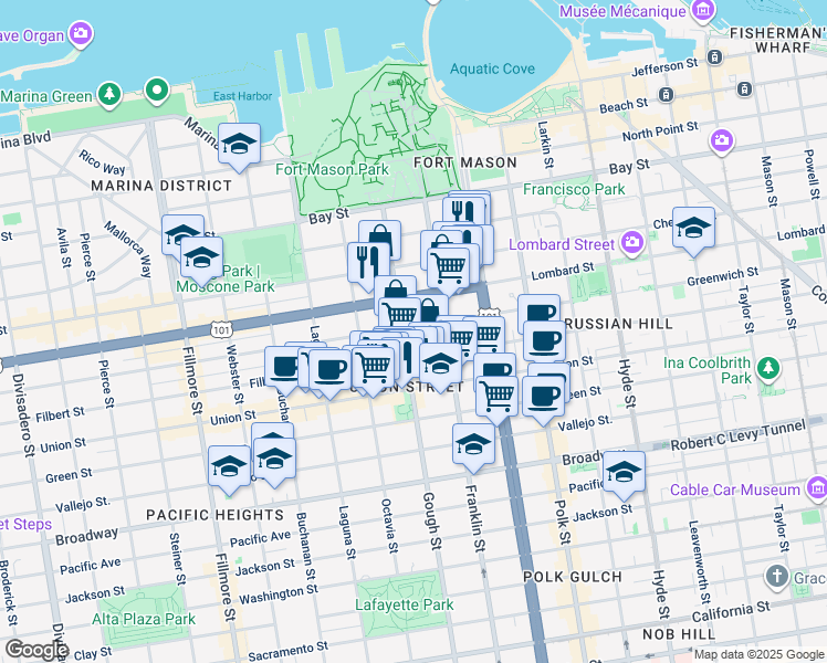 map of restaurants, bars, coffee shops, grocery stores, and more near 1661 Greenwich Street in San Francisco