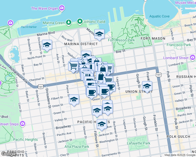 map of restaurants, bars, coffee shops, grocery stores, and more near in San Francisco