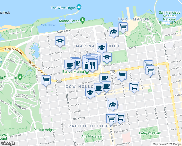 map of restaurants, bars, coffee shops, grocery stores, and more near 2150 Lombard Street in San Francisco