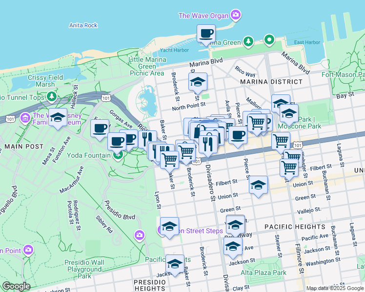 map of restaurants, bars, coffee shops, grocery stores, and more near 2534 Chestnut Street in San Francisco