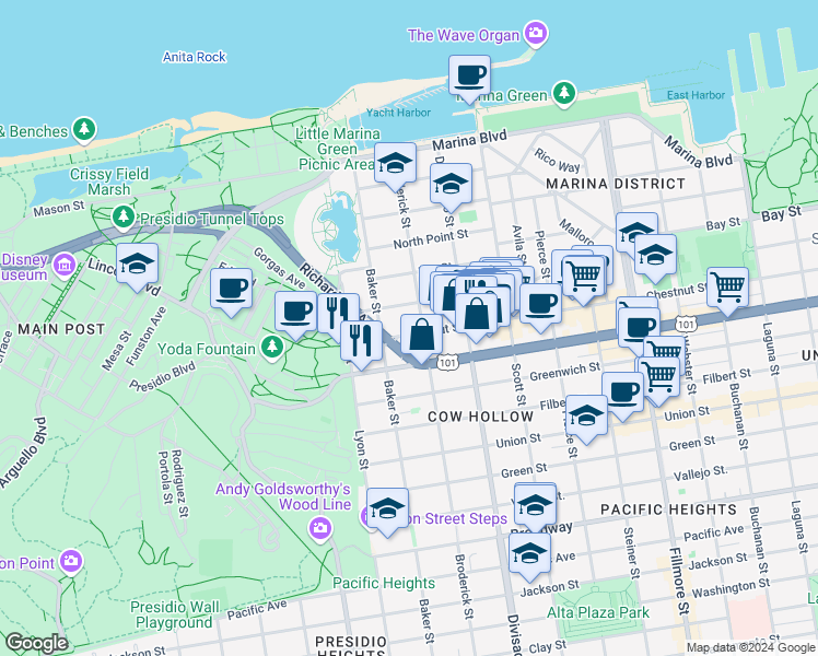 map of restaurants, bars, coffee shops, grocery stores, and more near 2534 Chestnut Street in San Francisco