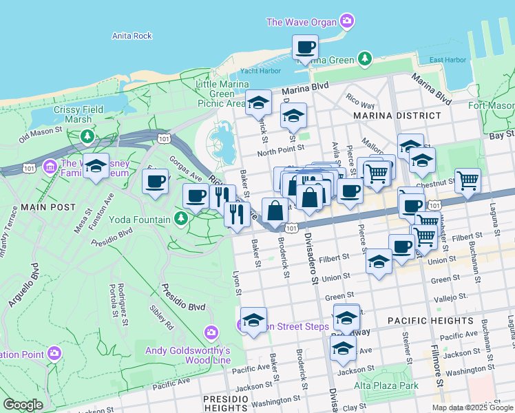 map of restaurants, bars, coffee shops, grocery stores, and more near 2534 Chestnut Street in San Francisco
