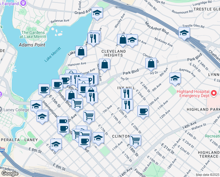 map of restaurants, bars, coffee shops, grocery stores, and more near 519 East 21st Street in Oakland