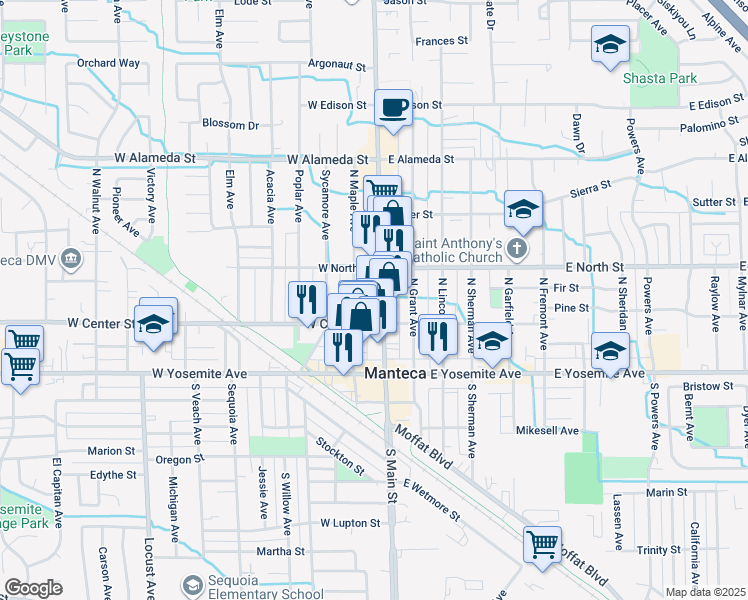 map of restaurants, bars, coffee shops, grocery stores, and more near 239 North Main Street in Manteca
