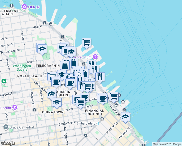 map of restaurants, bars, coffee shops, grocery stores, and more near The Embarcadero & Pier 9 in San Francisco