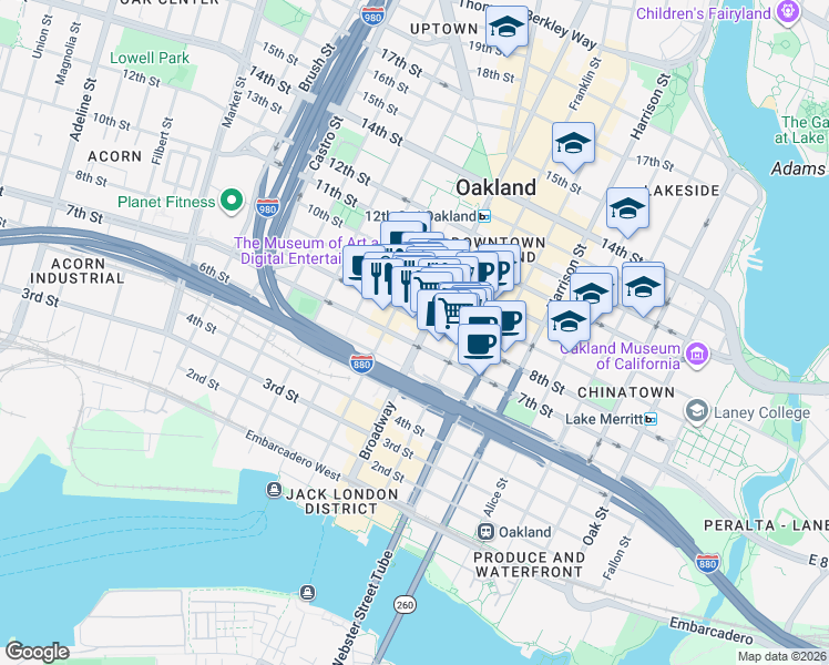 map of restaurants, bars, coffee shops, grocery stores, and more near 707 Broadway in Oakland