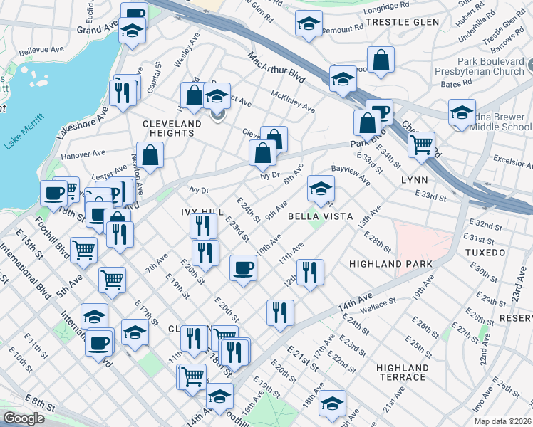 map of restaurants, bars, coffee shops, grocery stores, and more near 2429 9th Avenue in Oakland
