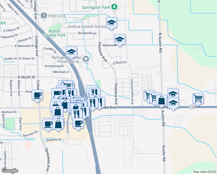 map of restaurants, bars, coffee shops, grocery stores, and more near 1834 Azure Court in Manteca