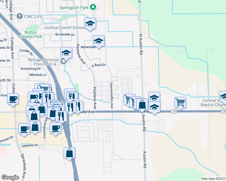 map of restaurants, bars, coffee shops, grocery stores, and more near 2001 Nantuckett Circle in Manteca