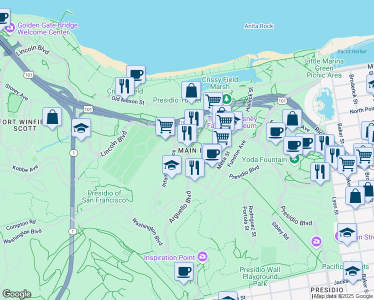 map of restaurants, bars, coffee shops, grocery stores, and more near 101 Taylor Road in San Francisco