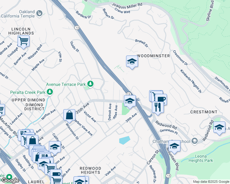 map of restaurants, bars, coffee shops, grocery stores, and more near 4344 Detroit Avenue in Oakland
