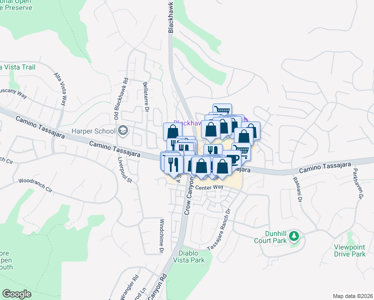 map of restaurants, bars, coffee shops, grocery stores, and more near 3880 Blackhawk Road in Danville