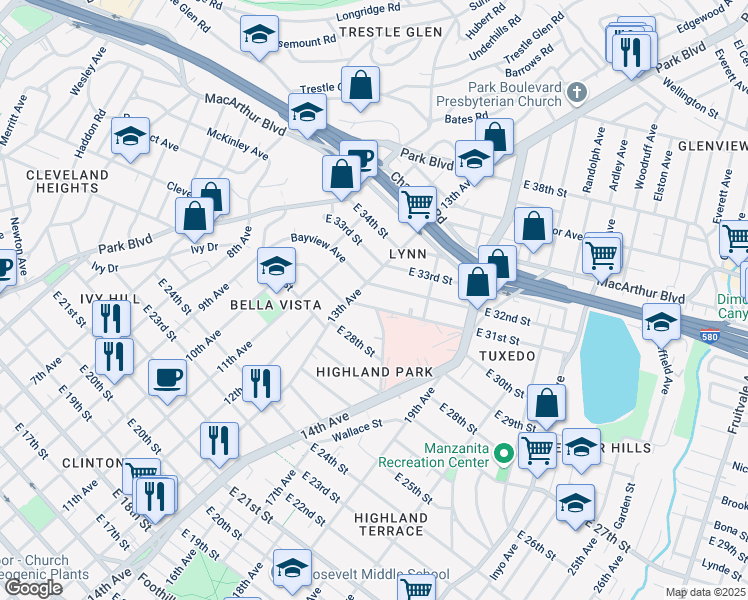 map of restaurants, bars, coffee shops, grocery stores, and more near 1332 East 31st Street in Oakland
